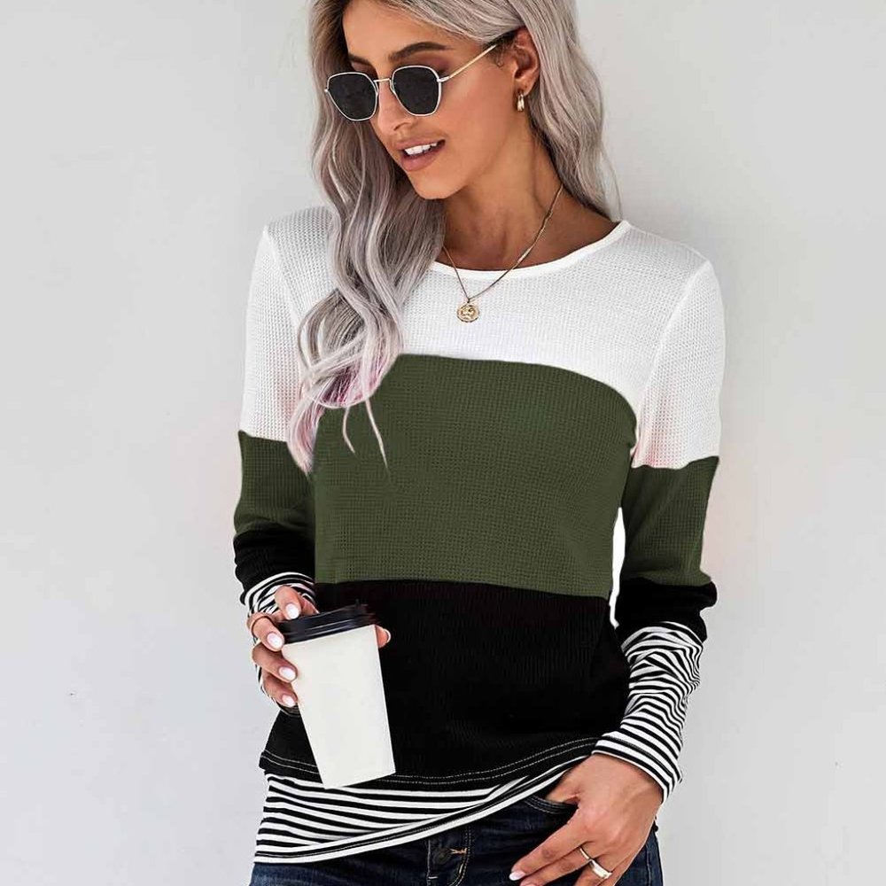 Green Stylish Colorblock Splicing Stripes Top